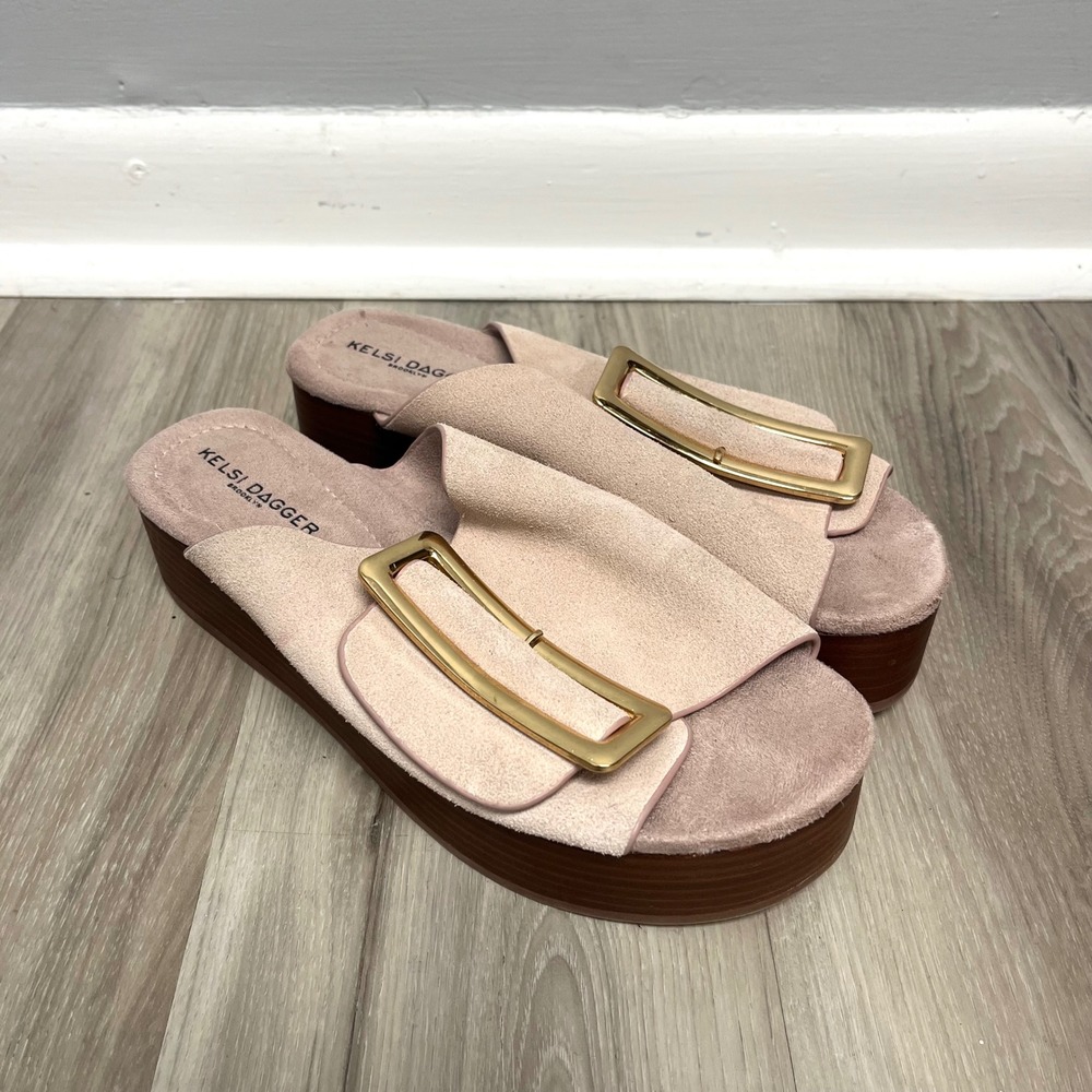 Kelsi Dagger Sandals Women's 7 Dover Pink Suede Gold Buckle‎ Platform Slide